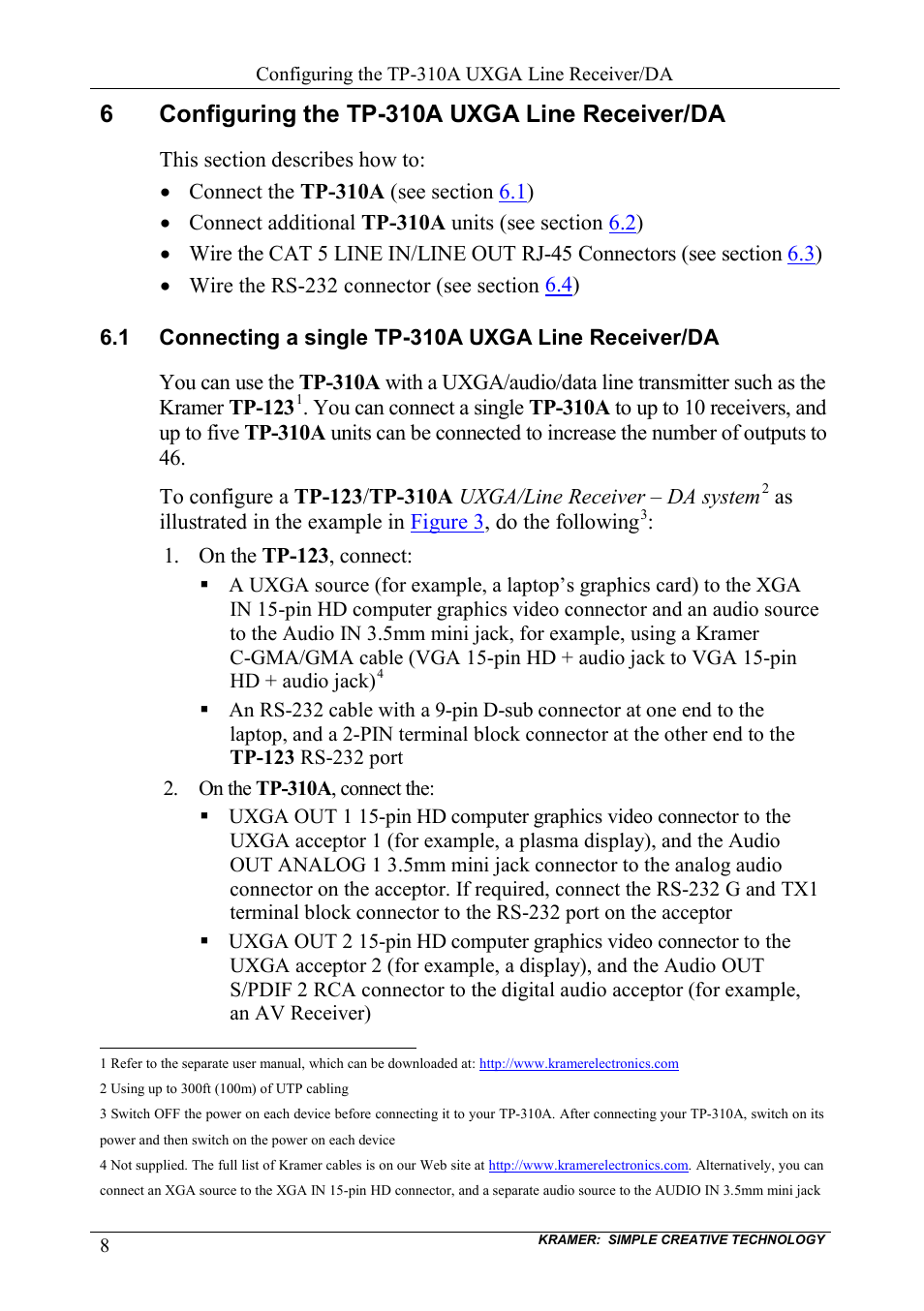 6 configuring the tp-310a uxga line receiver/da, Configuring the tp-310a uxga line receiver/da, Connecting a single tp-310a uxga line receiver/da | 6configuring the tp-310a uxga line receiver/da | Kramer Electronics TP-310A User Manual | Page 10 / 18