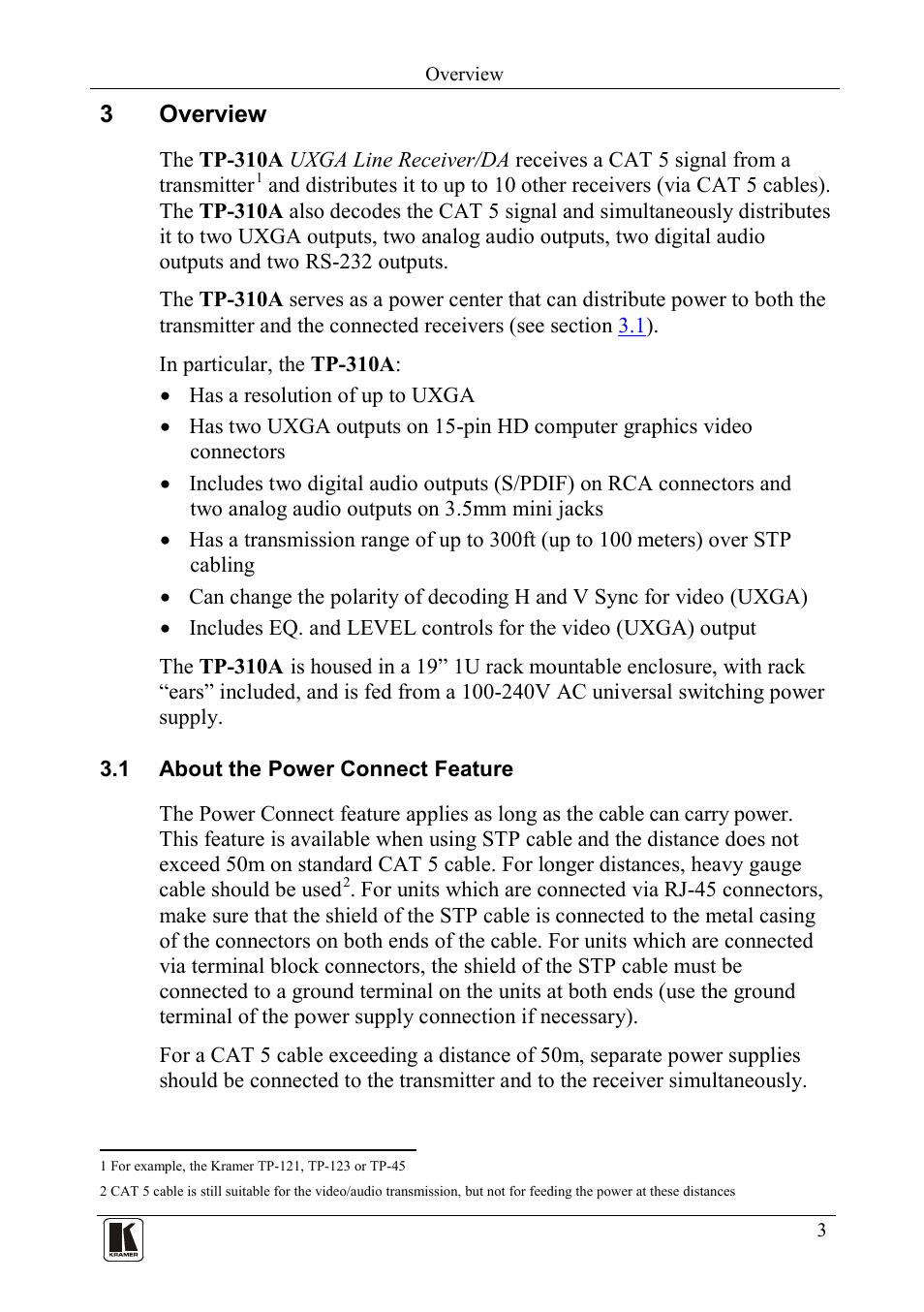 3 overview, 1 about the power connect feature, Overview | About the power connect feature, 3overview | Kramer Electronics TP-310A User Manual | Page 5 / 18