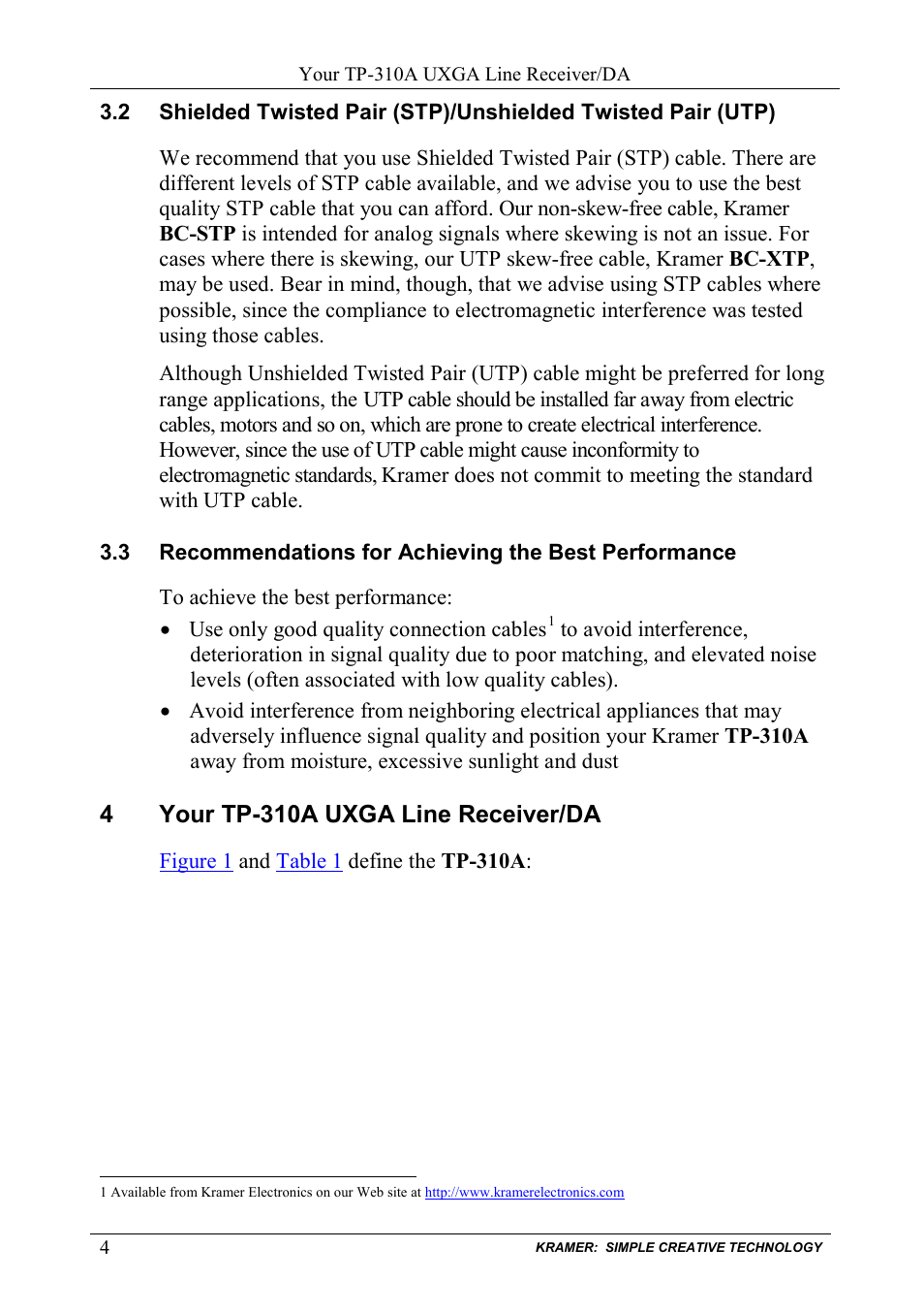4 your tp-310a uxga line receiver/da, Recommendations for achieving the best performance, Your tp-310a uxga line receiver/da | 4your tp-310a uxga line receiver/da | Kramer Electronics TP-310A User Manual | Page 6 / 18