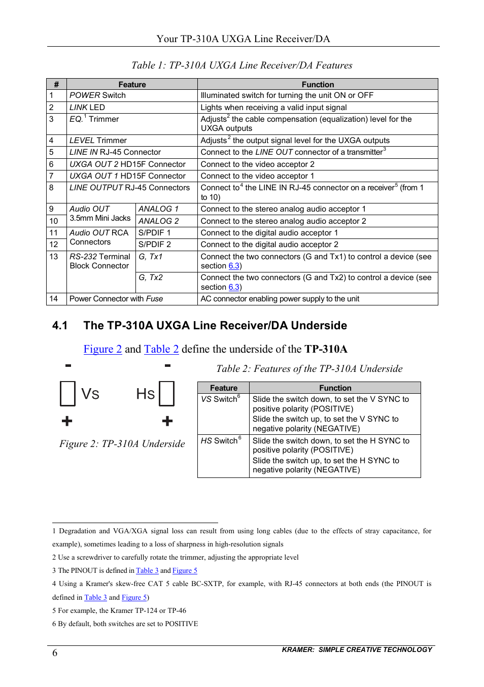 1 the tp-310a uxga line receiver/da underside, The tp-310a uxga line receiver/da underside, Installing in a rack | Figure 2: tp-310a underside, Table 1: tp-310a uxga line receiver/da features, Table 2: features of the tp-310a underside, Table 1, Your tp-310a uxga line receiver/da | Kramer Electronics TP-310A User Manual | Page 8 / 18