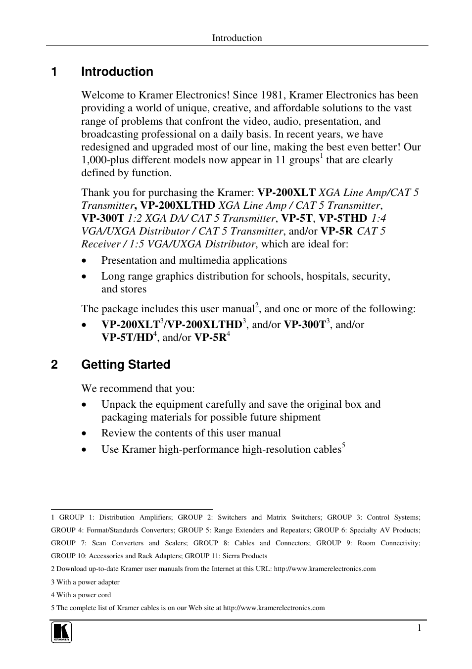 1introduction, 2getting started | Kramer Electronics VP-300T User Manual | Page 4 / 31