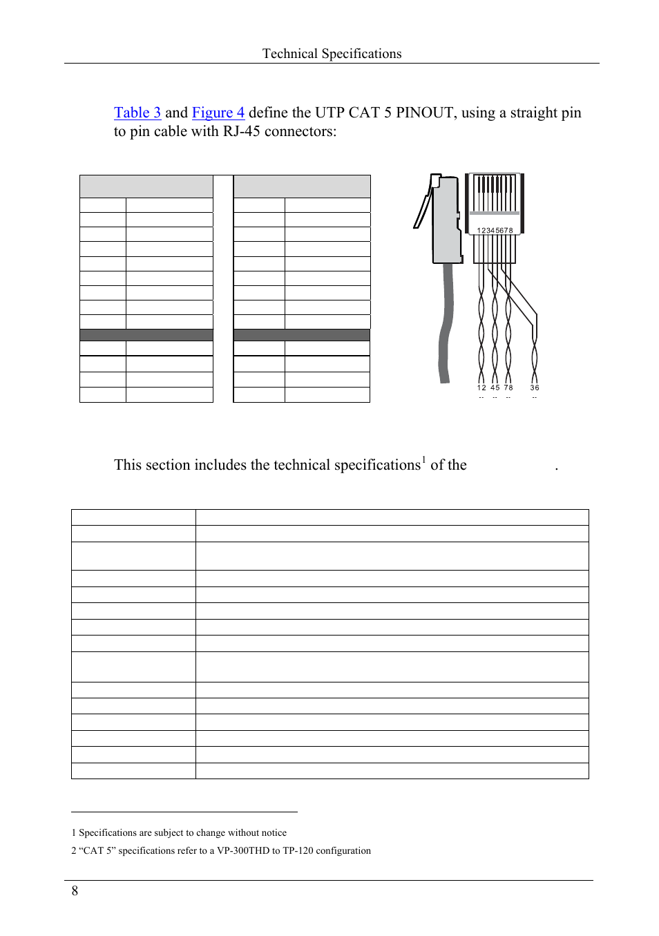 6 technical specifications, Technical specifications, Figure 4: cat 5 pinout | Table 3: cat 5 pinout, Of the vp-300thd, Table 3: cat 5 pinout figure 4: cat 5 pinout | Kramer Electronics VP-300THD User Manual | Page 10 / 12