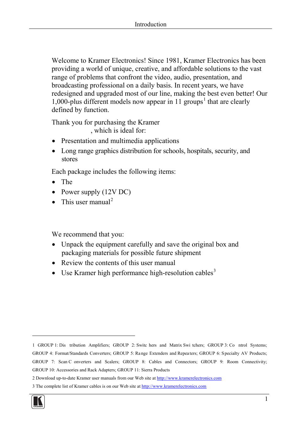 1 introduction, 2 getting started, Introduction | Getting started | Kramer Electronics VP-300THD User Manual | Page 3 / 12