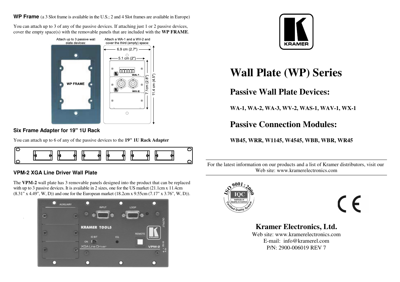 Wall plate (wp) series s, Wall plate (wp) series, Passive wall plate devices | Passive connection modules, Kramer electronics, ltd | Kramer Electronics VPM-2 User Manual | Page 42 / 42