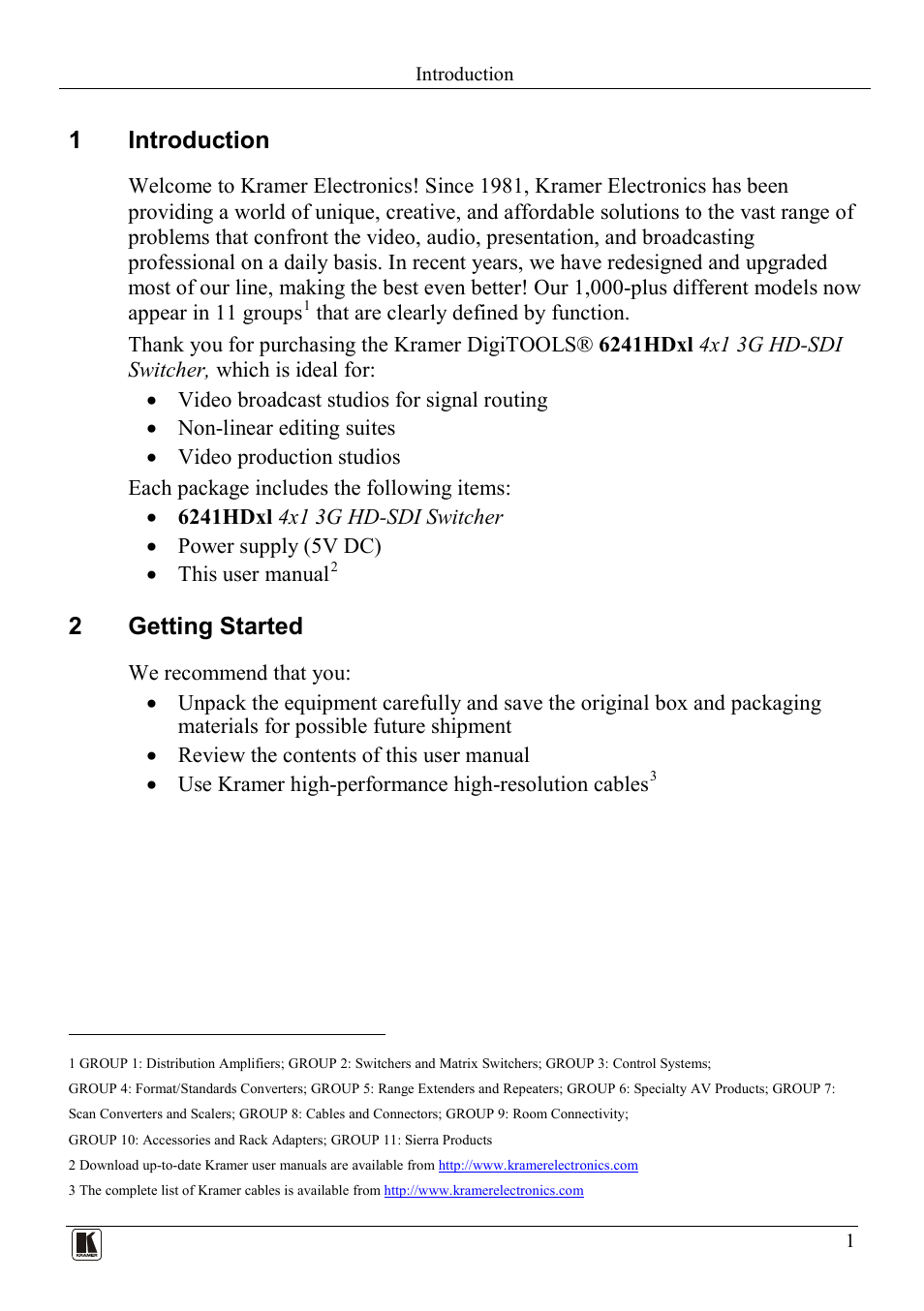 1 introduction, 2 getting started, Introduction | Getting started, 1introduction, 2getting started | Kramer Electronics 6241HDxl User Manual | Page 3 / 10