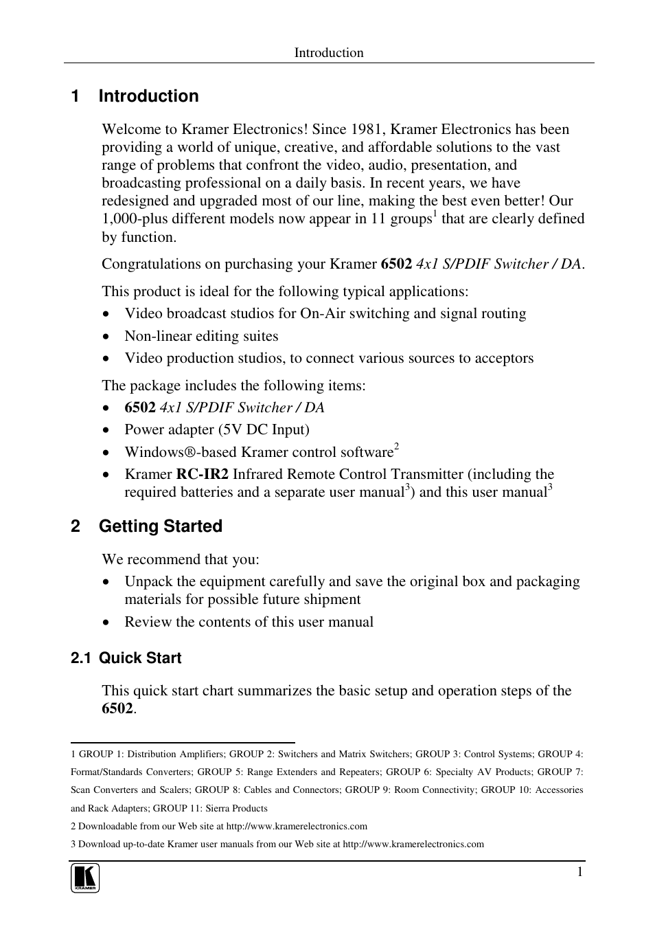 1 introduction, 2 getting started | Kramer Electronics 6502 User Manual | Page 3 / 12