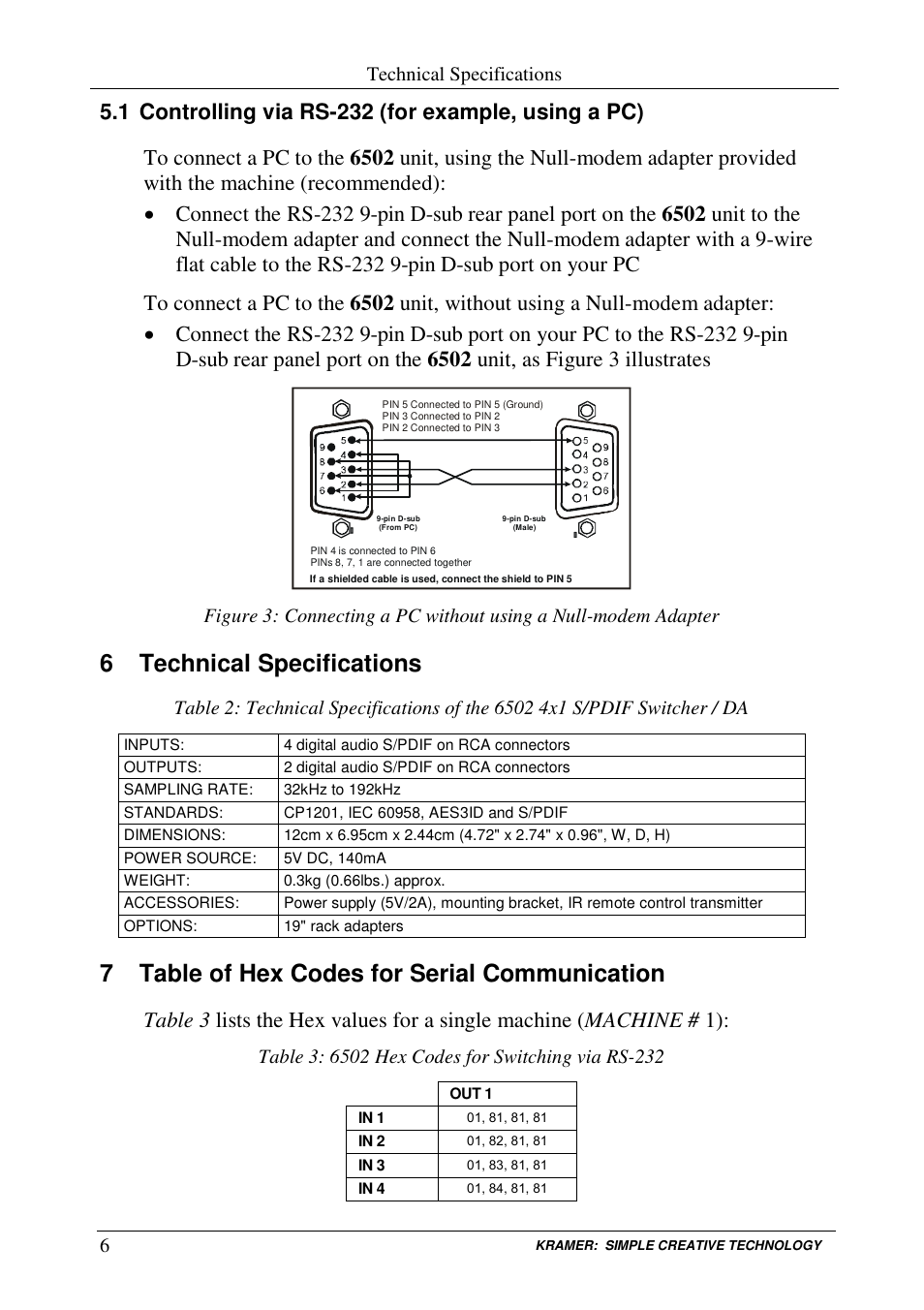 6 technical specifications, 7 table of hex codes for serial communication, Technical specifications | Kramer Electronics 6502 User Manual | Page 8 / 12