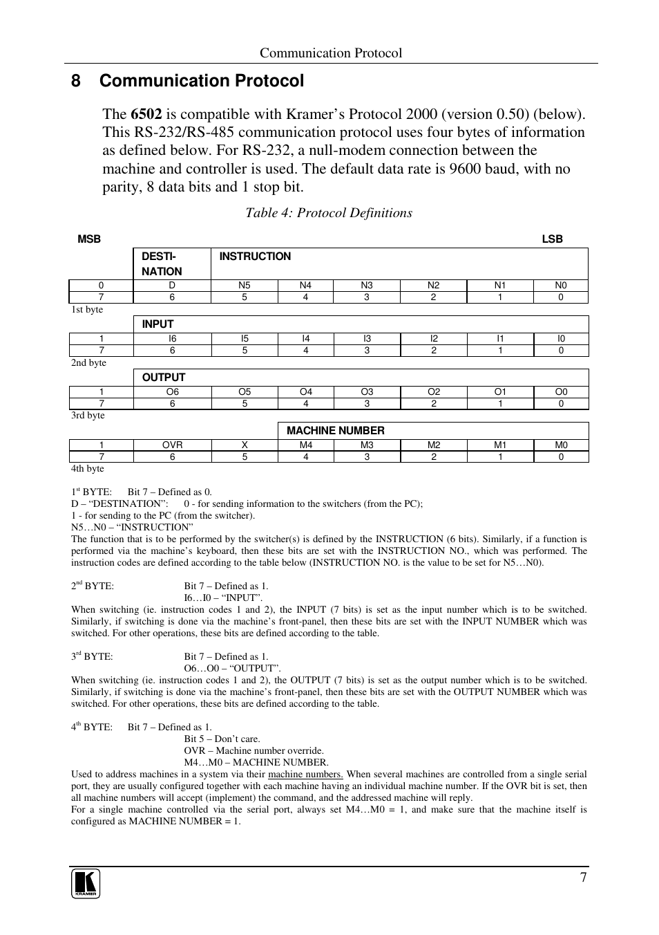 8 communication protocol, Communication protocol, Table 4: protocol definitions | Kramer Electronics 6502 User Manual | Page 9 / 12