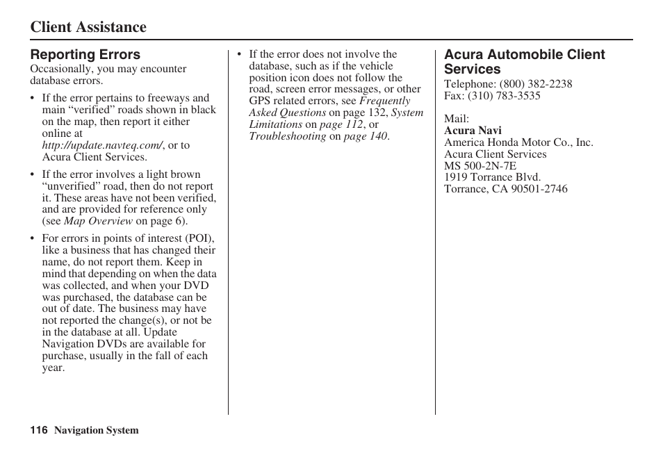 Client assistance | Acura 2008 RL 00X31 SJA 8100 User Manual | Page 117 / 163