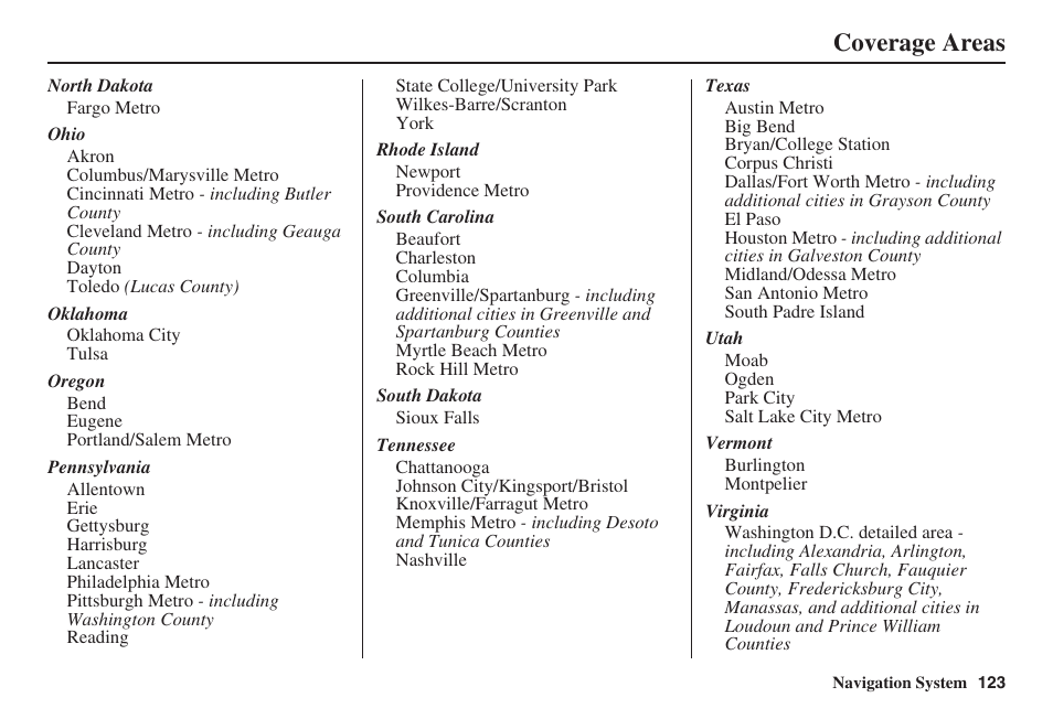 Coverage areas | Acura 2008 RL 00X31 SJA 8100 User Manual | Page 124 / 163