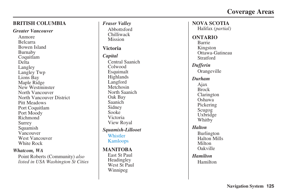 Coverage areas | Acura 2008 RL 00X31 SJA 8100 User Manual | Page 126 / 163