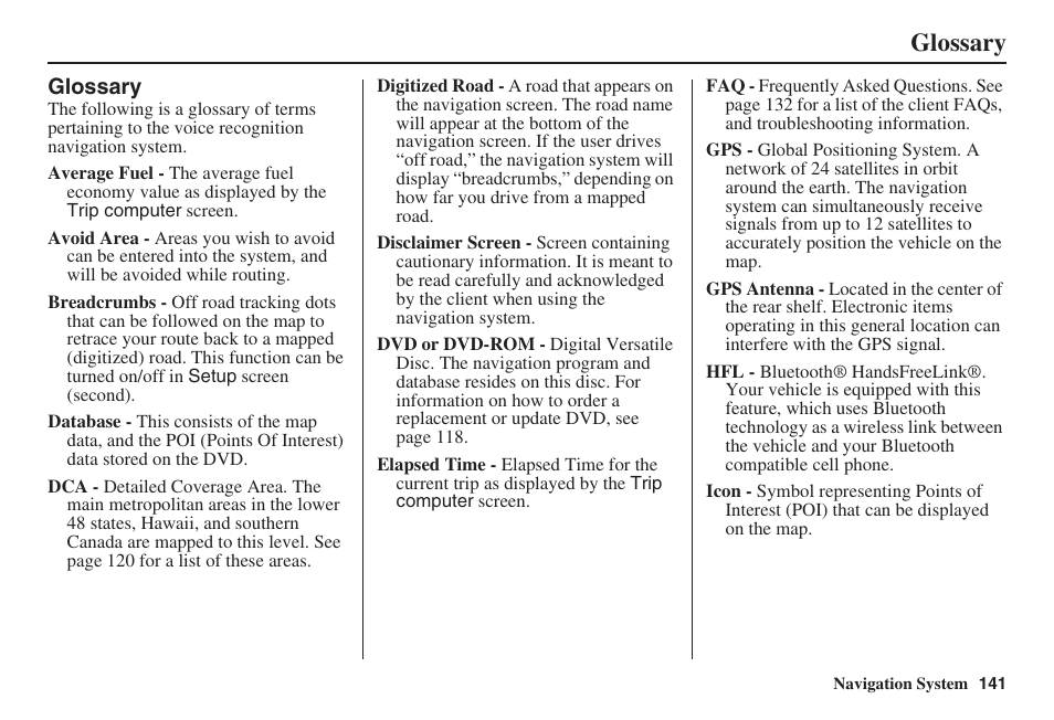 Glossary | Acura 2008 RL 00X31 SJA 8100 User Manual | Page 142 / 163