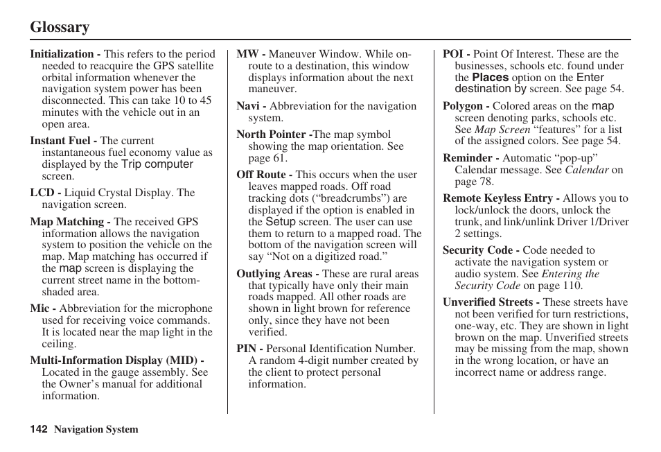 Glossary | Acura 2008 RL 00X31 SJA 8100 User Manual | Page 143 / 163