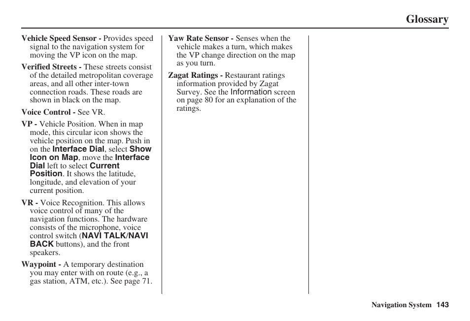 Glossary | Acura 2008 RL 00X31 SJA 8100 User Manual | Page 144 / 163