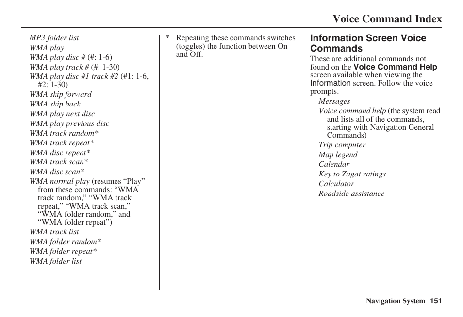 Voice command index | Acura 2008 RL 00X31 SJA 8100 User Manual | Page 152 / 163