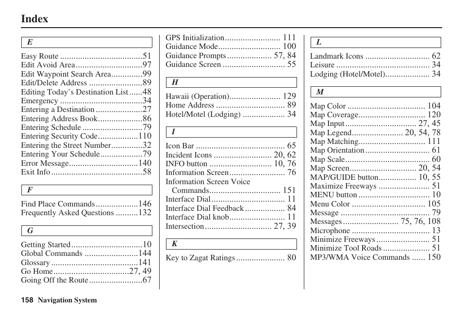 Index | Acura 2008 RL 00X31 SJA 8100 User Manual | Page 159 / 163