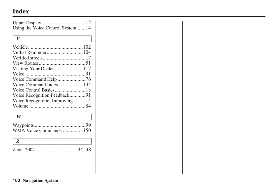 Index | Acura 2008 RL 00X31 SJA 8100 User Manual | Page 161 / 163