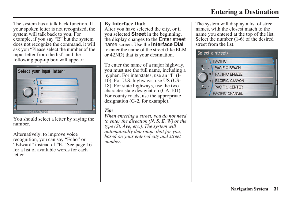 Entering a destination | Acura 2008 RL 00X31 SJA 8100 User Manual | Page 32 / 163