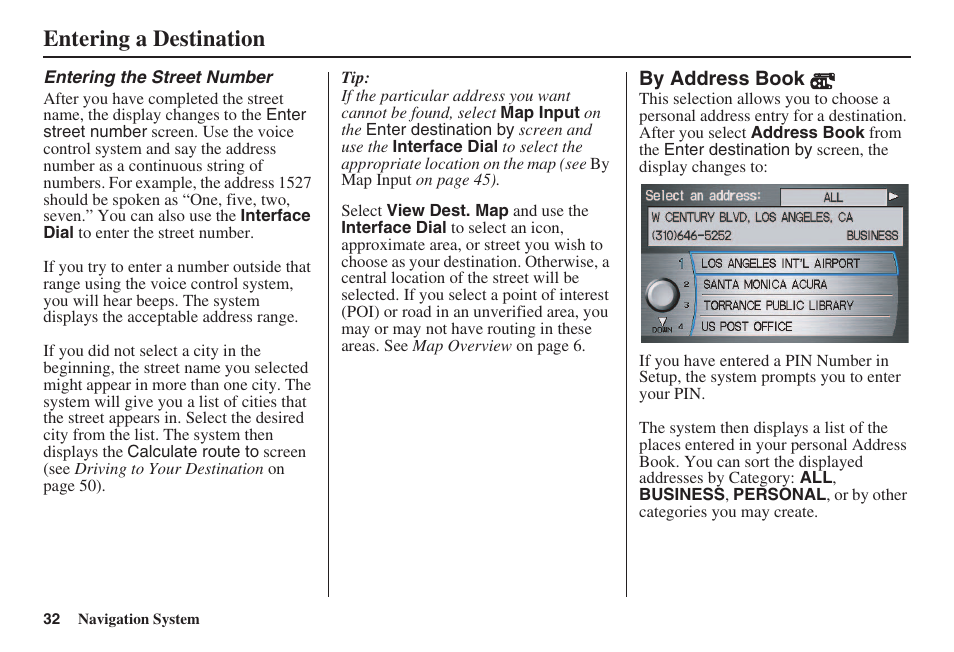 Entering a destination | Acura 2008 RL 00X31 SJA 8100 User Manual | Page 33 / 163