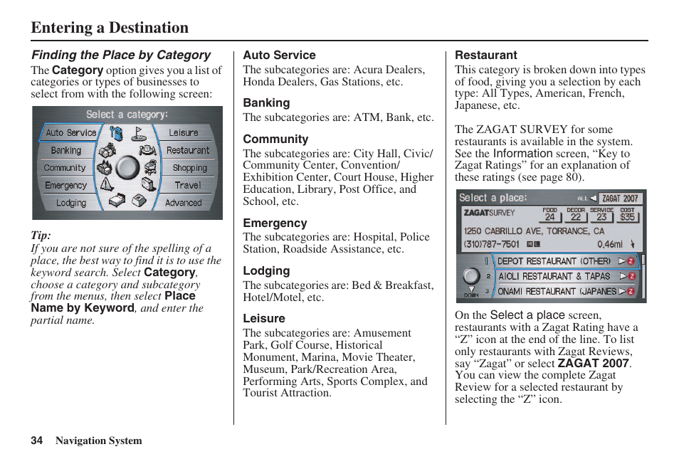 Entering a destination | Acura 2008 RL 00X31 SJA 8100 User Manual | Page 35 / 163