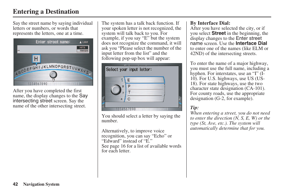 Entering a destination | Acura 2008 RL 00X31 SJA 8100 User Manual | Page 43 / 163