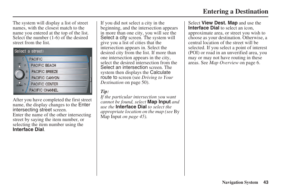 Entering a destination | Acura 2008 RL 00X31 SJA 8100 User Manual | Page 44 / 163