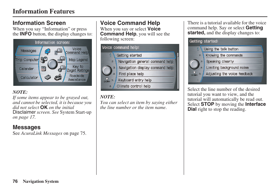 Information features | Acura 2008 RL 00X31 SJA 8100 User Manual | Page 77 / 163