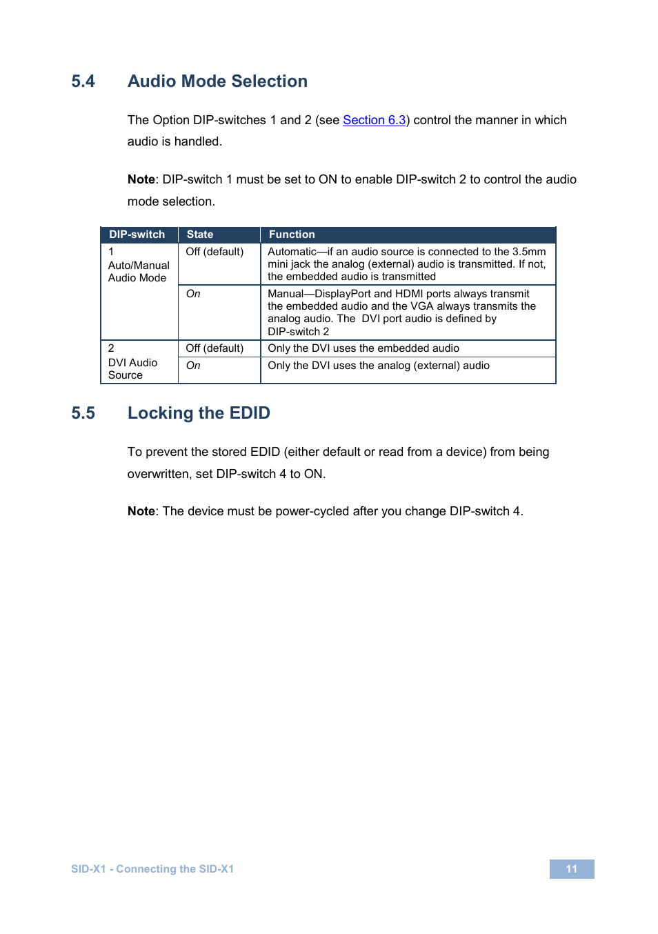 4 audio mode selection, 5 locking the edid, Audio mode selection | Locking the edid, Section | Kramer Electronics SID-X1 User Manual | Page 14 / 23
