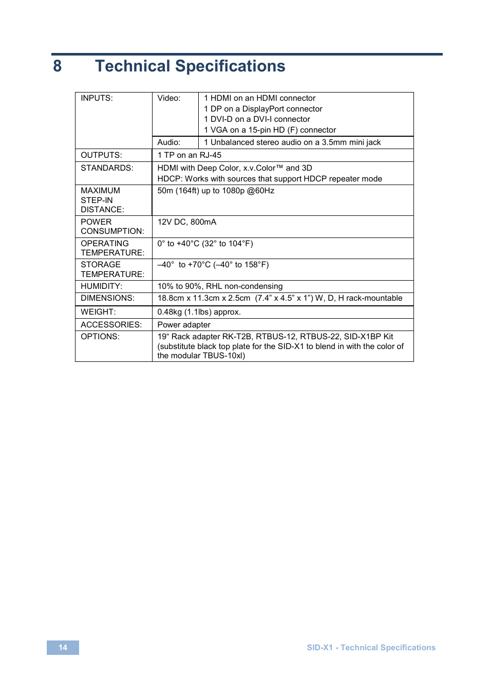 8 technical specifications, Technical specifications, 8technical specifications | Kramer Electronics SID-X1 User Manual | Page 17 / 23