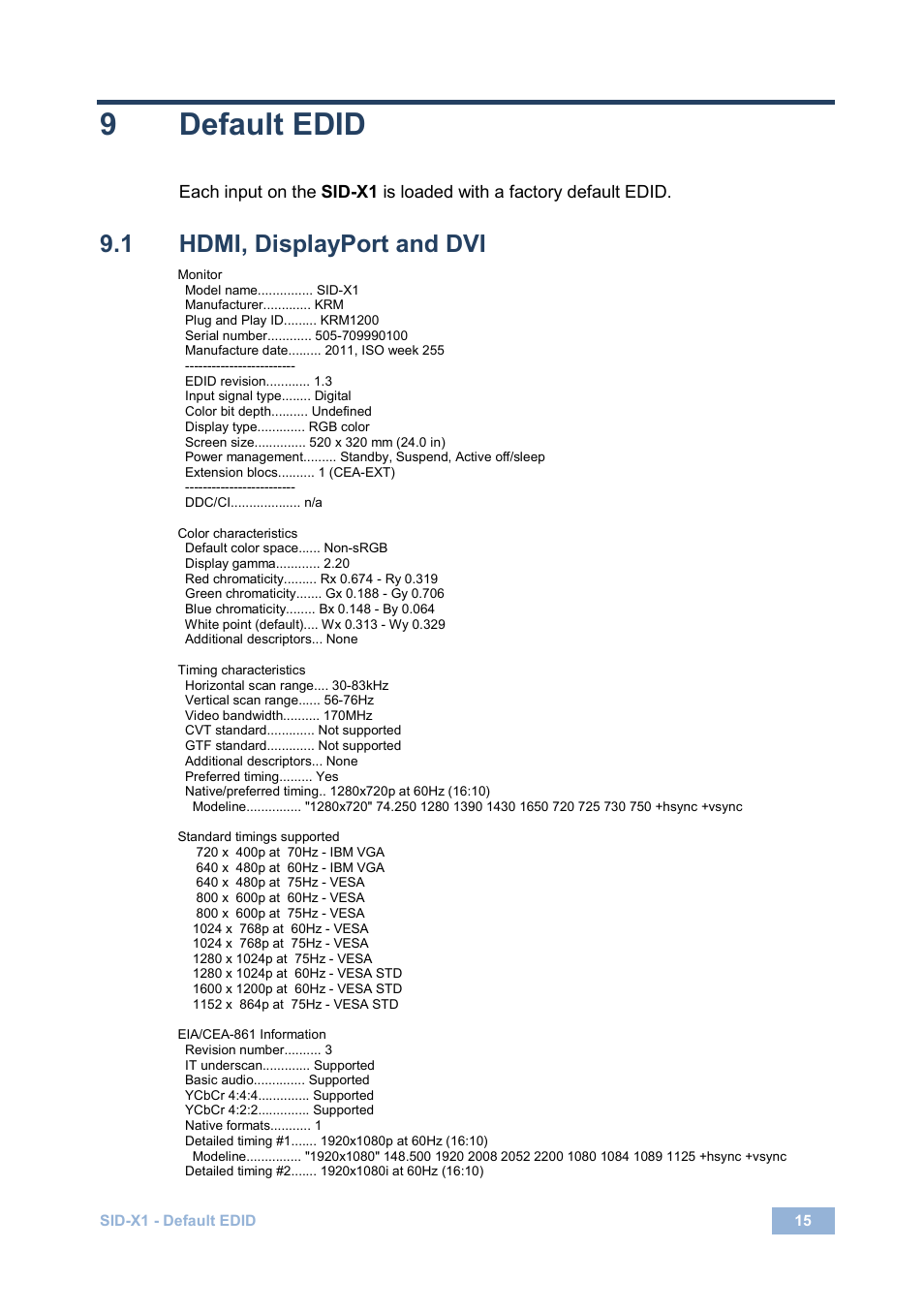 9 default edid, 1 hdmi, displayport and dvi, Default edid | Hdmi, displayport and dvi, 9default edid | Kramer Electronics SID-X1 User Manual | Page 18 / 23