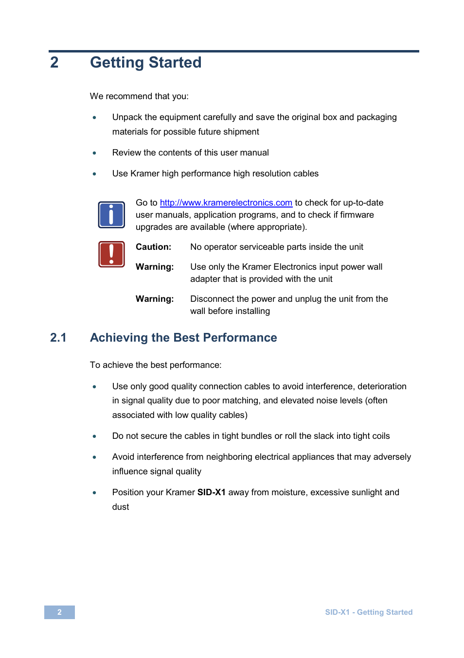 2 getting started, 1 achieving the best performance, Getting started | Achieving the best performance, 2getting started | Kramer Electronics SID-X1 User Manual | Page 5 / 23