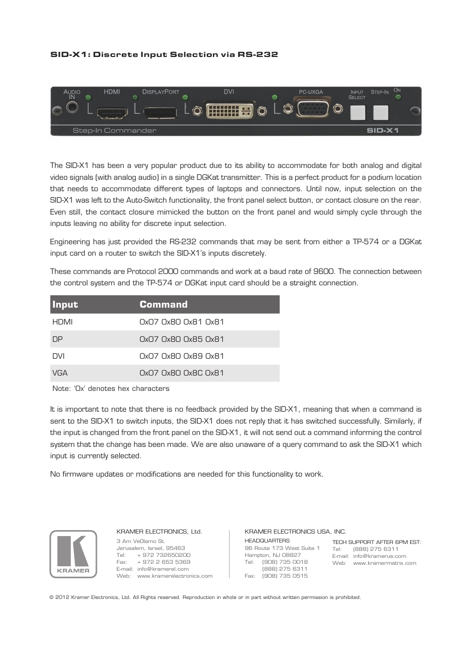 Input command | Kramer Electronics SID-X1 User Manual | Page 2 / 2