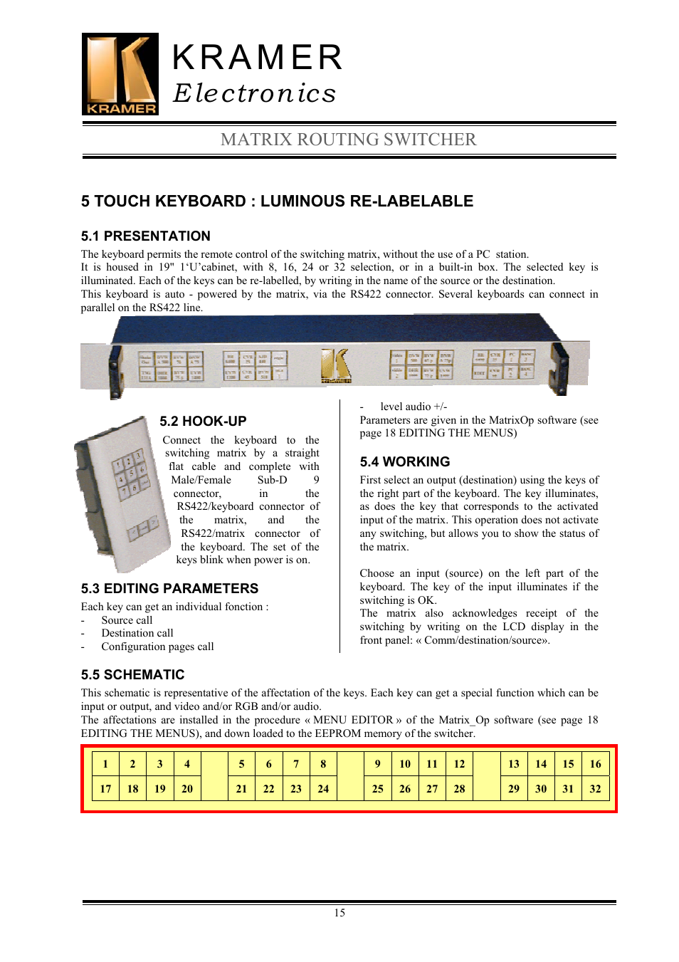 E lectron ics, Matrix routing switcher, 5 touch keyboard : luminous re-labelable | Kramer Electronics TailorMade User Manual | Page 15 / 22