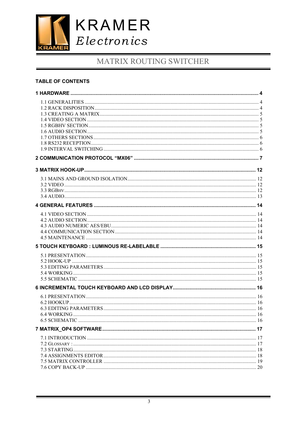 E lectron ics, Matrix routing switcher | Kramer Electronics TailorMade User Manual | Page 3 / 22