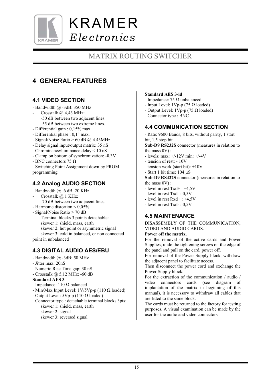 E lectron ics, Matrix routing switcher | Kramer Electronics TailorMade User Manual | Page 15 / 21