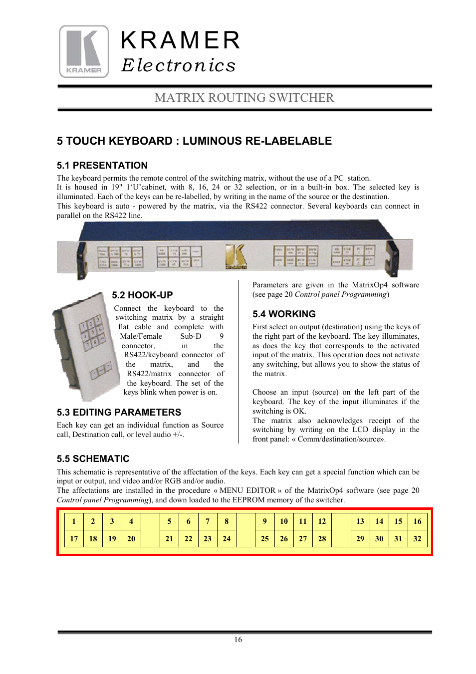 E lectron ics, Matrix routing switcher, 5 touch keyboard : luminous re-labelable | Kramer Electronics TailorMade User Manual | Page 16 / 21