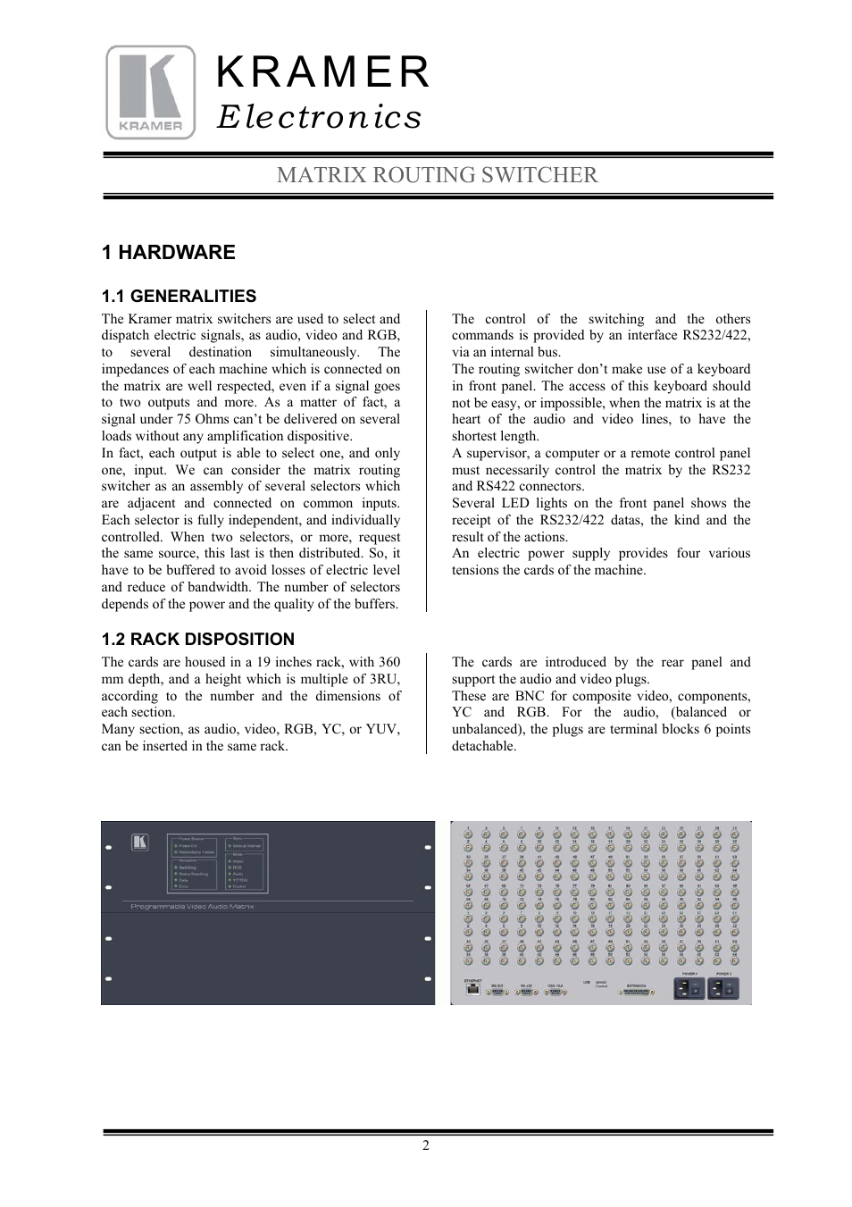 E lectron ics, Matrix routing switcher | Kramer Electronics TailorMade User Manual | Page 2 / 21