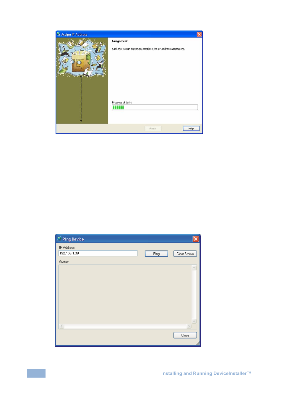 1 testing the ip address, Figure 9: ip address assignment process, Figure 10: ping device window | Kramer Electronics VP-725N User Manual | Page 10 / 27