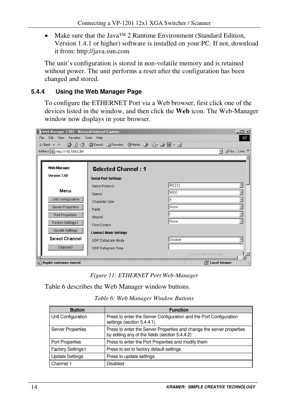 Table 6 describes the web manager window buttons | Kramer Electronics VP-1201 User Manual | Page 18 / 50