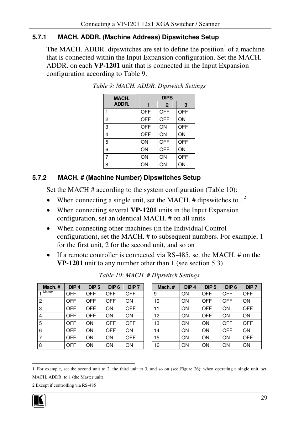 Table 9: mach. addr. dipswitch settings, 2 mach. # (machine number) dipswitches setup, Table 10: mach. # dipswitch settings | Kramer Electronics VP-1201 User Manual | Page 33 / 50