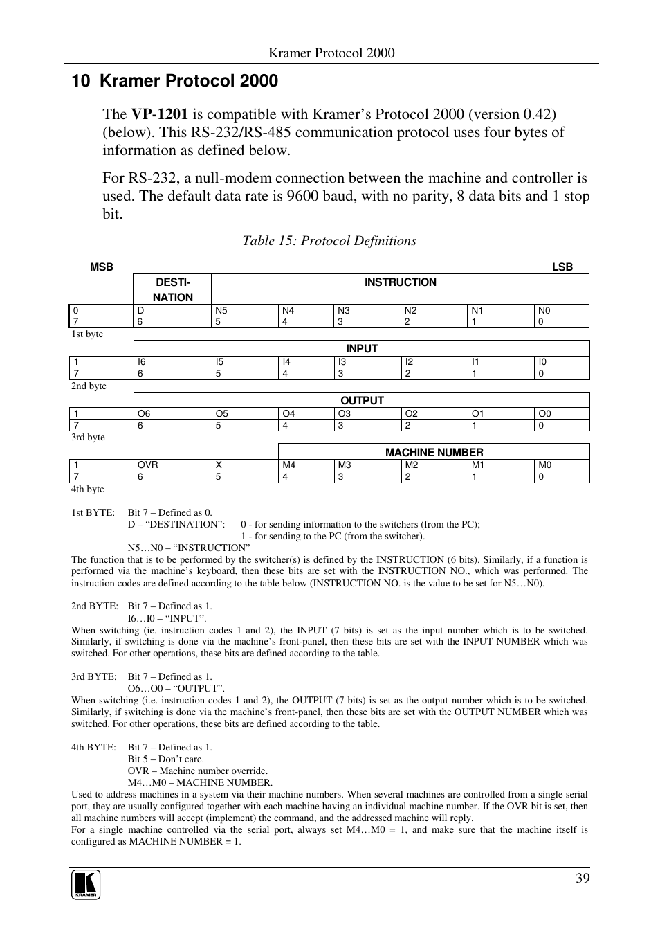 Kramer protocol 2000, Table 15: protocol definitions | Kramer Electronics VP-1201 User Manual | Page 43 / 50