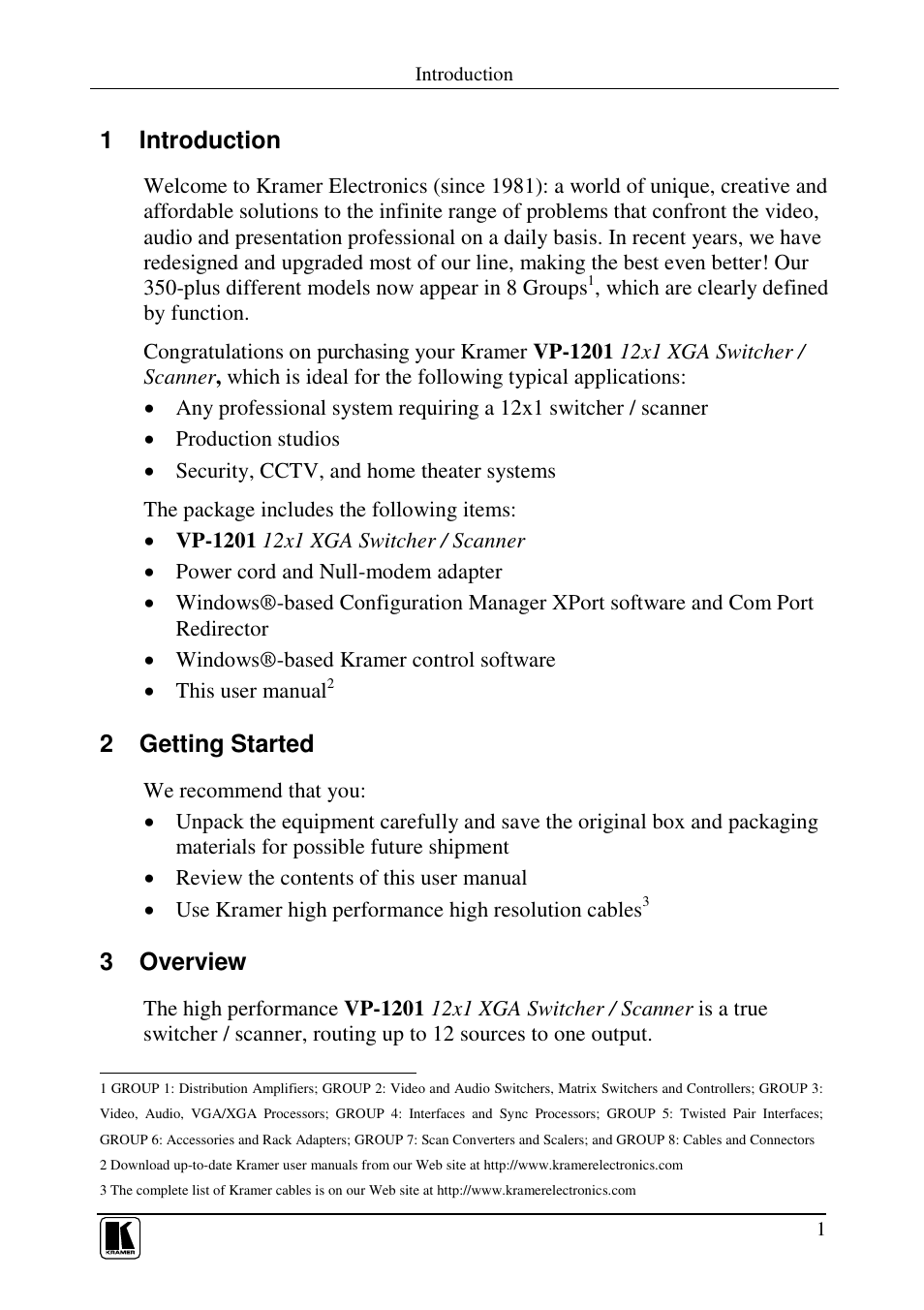 1 introduction, 2 getting started, 3 overview | Kramer Electronics VP-1201 User Manual | Page 5 / 50