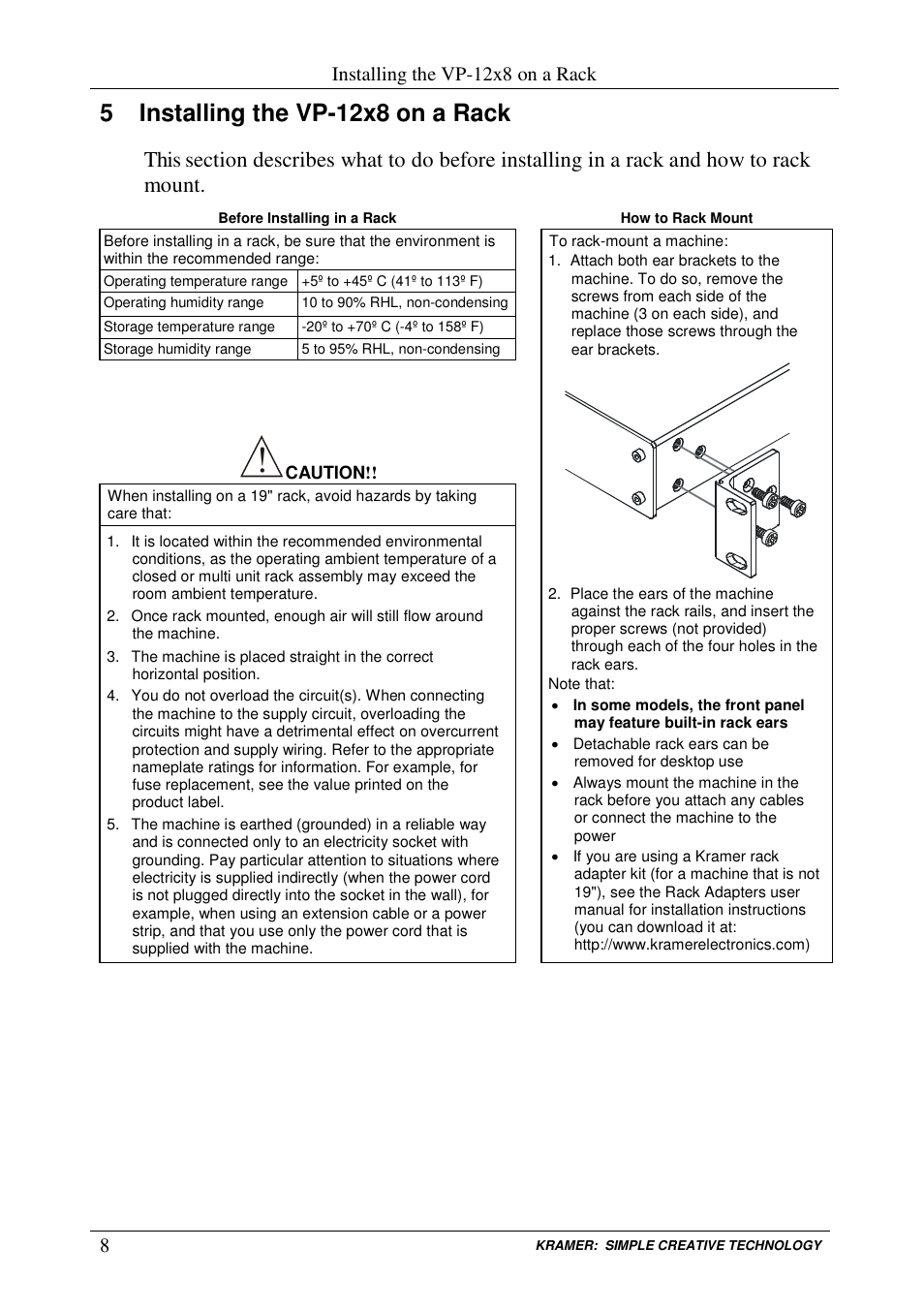 5 installing the vp-12x8 on a rack, Installing the vp-12x8 on a rack | Kramer Electronics VP-12x8 User Manual | Page 11 / 34