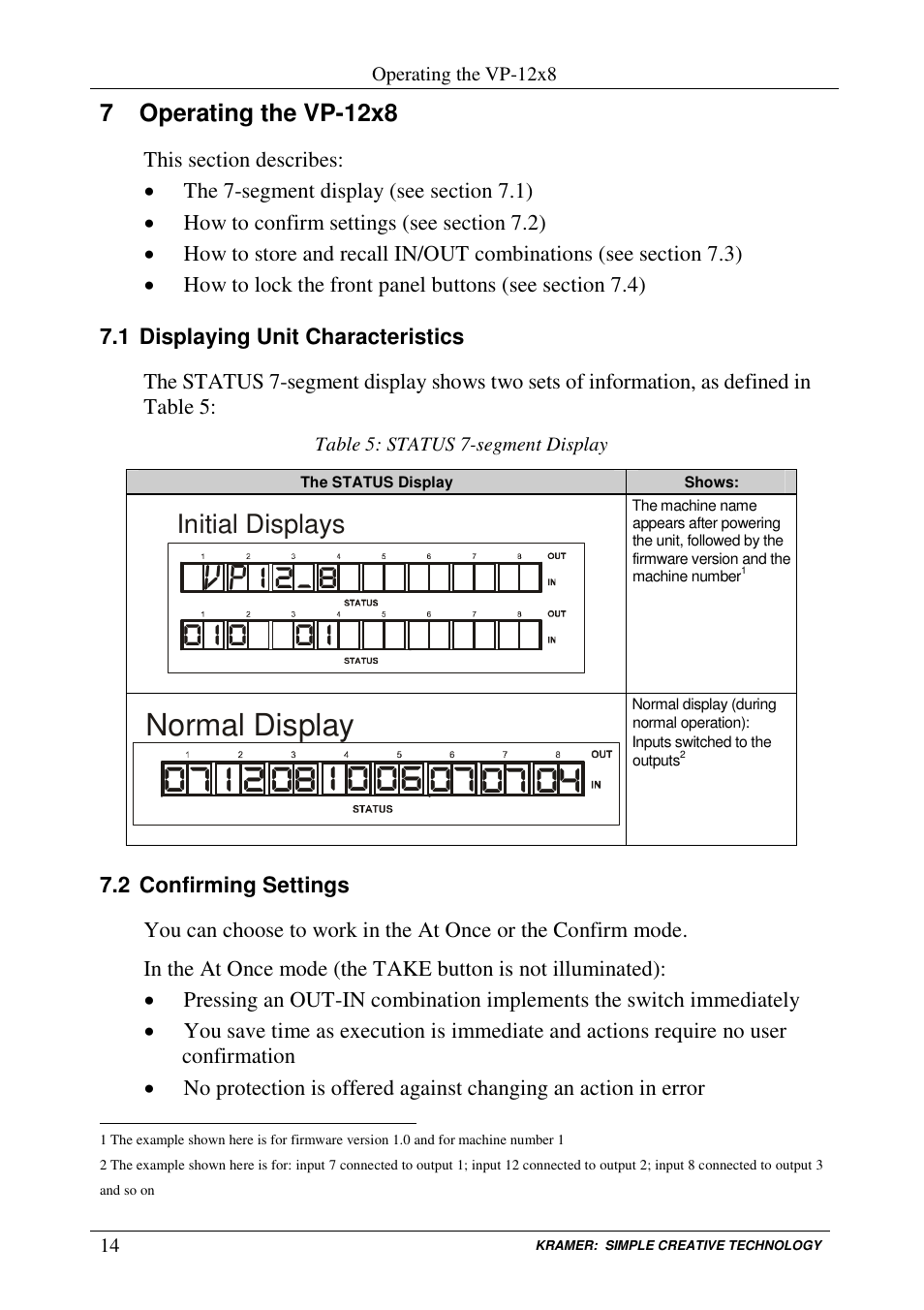 Normal display, Initial displays, 7 operating the vp-12x8 | Kramer Electronics VP-12x8 User Manual | Page 17 / 34