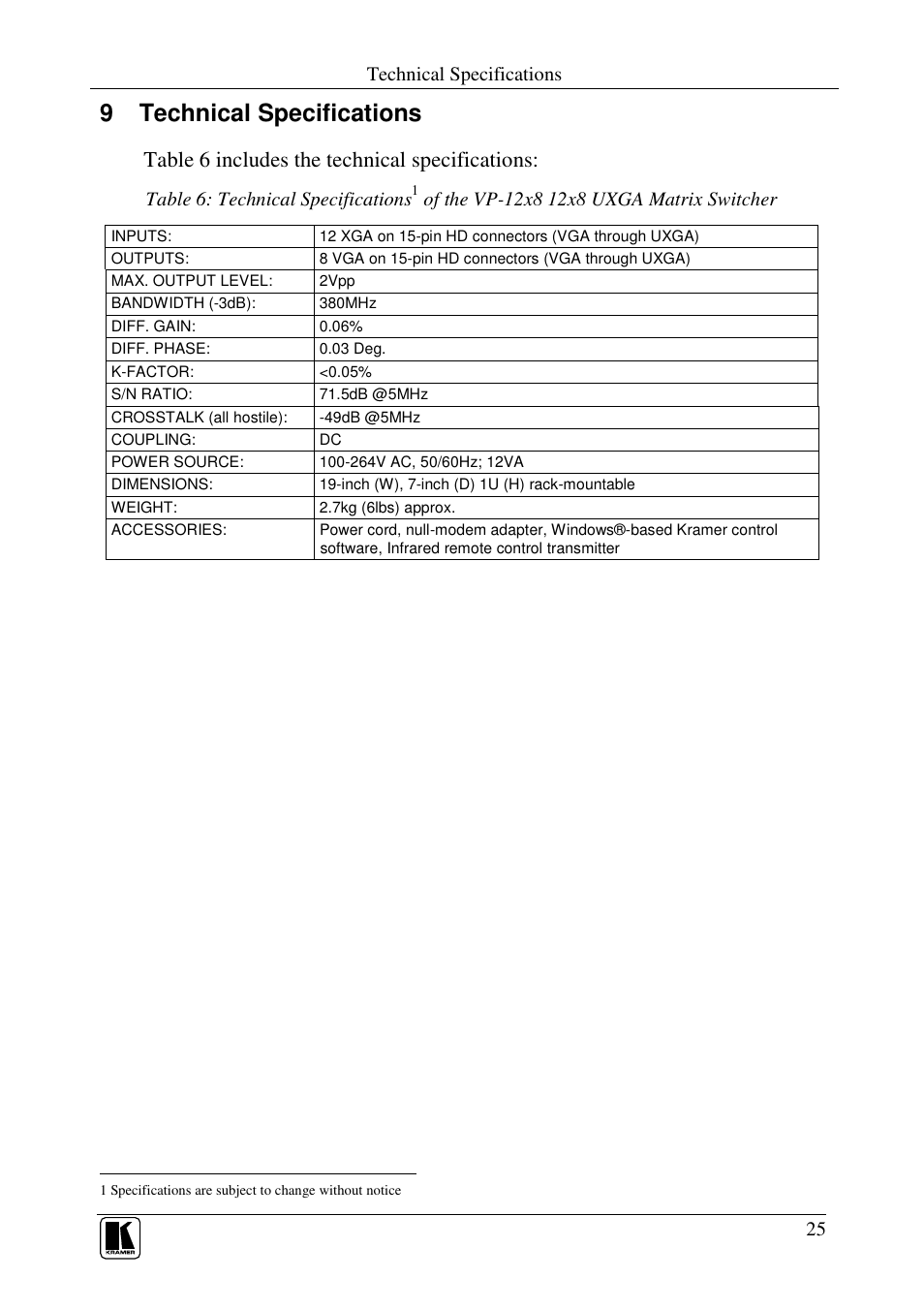 9 technical specifications | Kramer Electronics VP-12x8 User Manual | Page 28 / 34