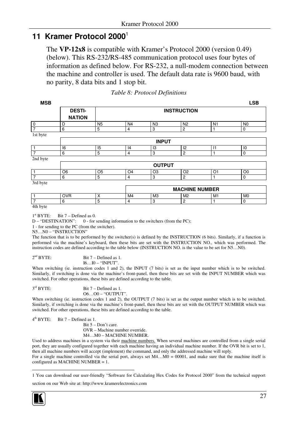 Kramer protocol 2000, Table 8: protocol definitions | Kramer Electronics VP-12x8 User Manual | Page 30 / 34