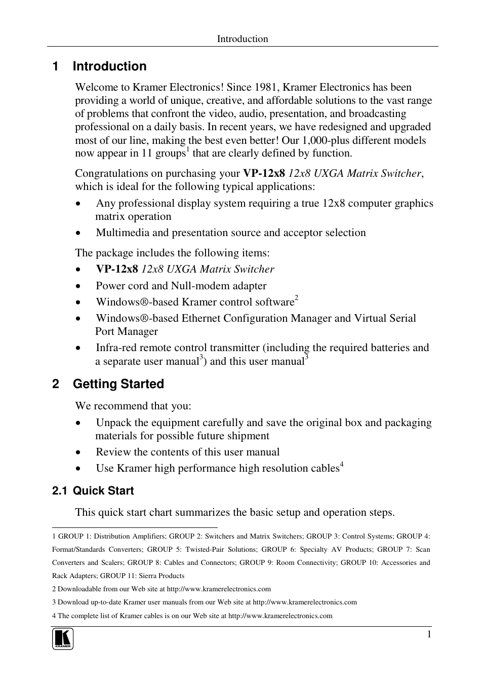 1 introduction, 2 getting started | Kramer Electronics VP-12x8 User Manual | Page 4 / 34