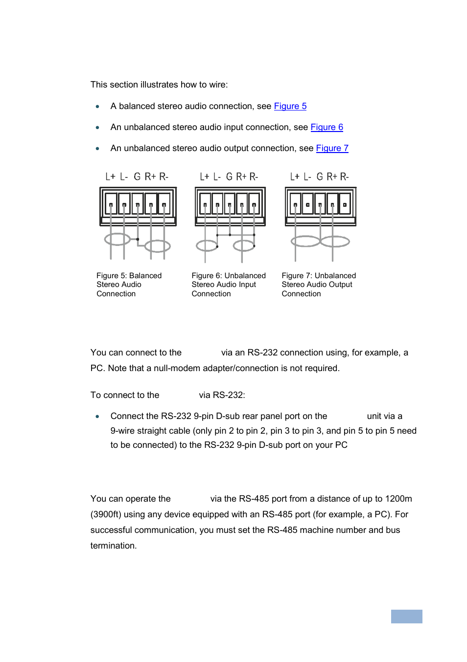 2 connecting to the vp-1608 via rs-232, 3 connecting a pc or controller to the rs-485 port, Connecting to the vp-1608 via rs-232 | Connecting a pc or controller to the rs-485 port, Figure 5: balanced stereo audio connection, Figure 6: unbalanced stereo audio input connection, On 5.1, N 5.1, On 5.3 | Kramer Electronics VP-1608 User Manual | Page 15 / 46