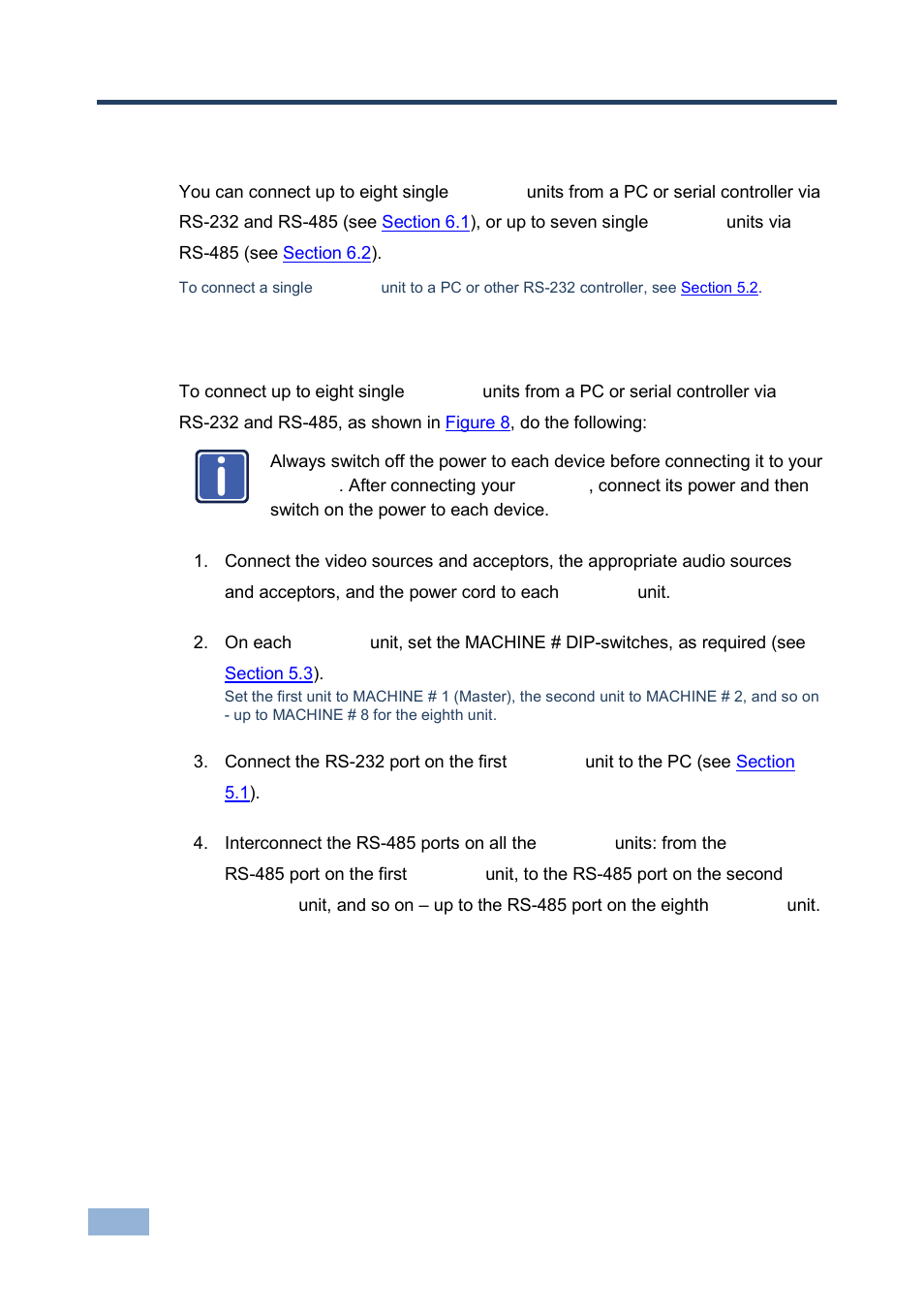 6 connecting multiple vp-1608 units, 1 connecting via a pc or serial controller, Connecting multiple vp-1608 units | Connecting via a pc or serial controller | Kramer Electronics VP-1608 User Manual | Page 18 / 46