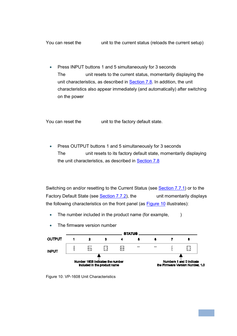 1 resetting to the current status, 2 resetting to the factory default state, 8 displaying unit characteristics | Displaying unit characteristics, Figure 10: vp-1608 unit characteristics, N 7.8 | Kramer Electronics VP-1608 User Manual | Page 27 / 46